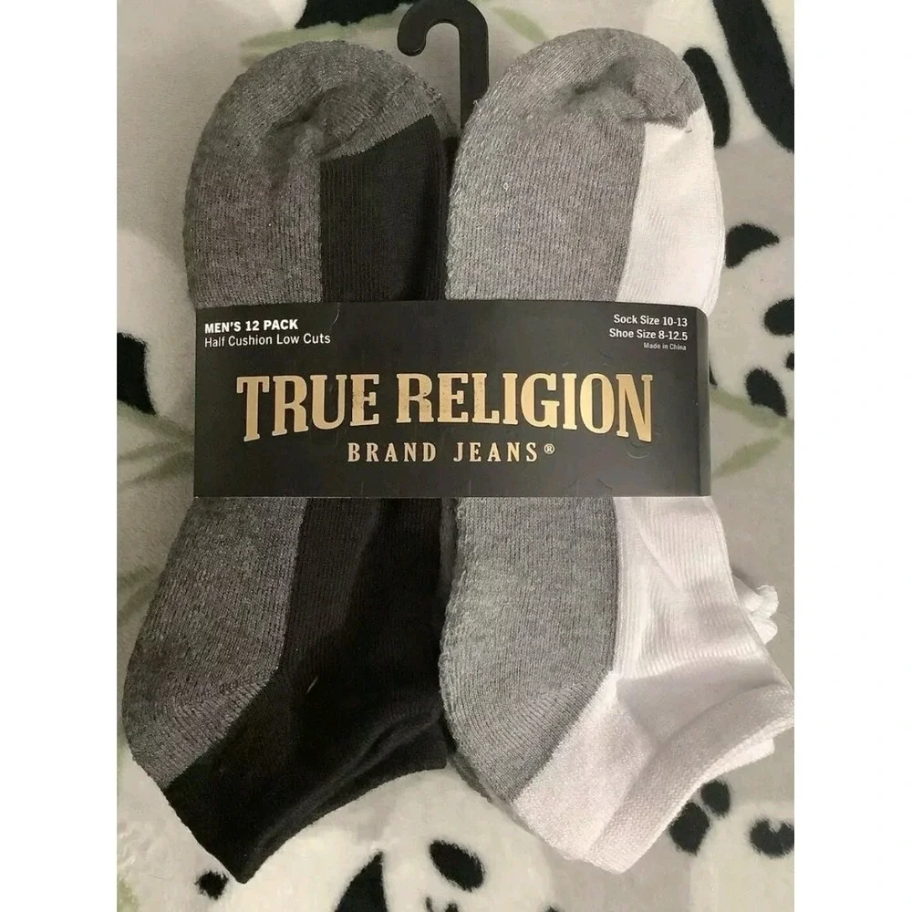 True Religion Mens 12 Pack Half Cushion Low Cut Socks Black Grey White 10-13